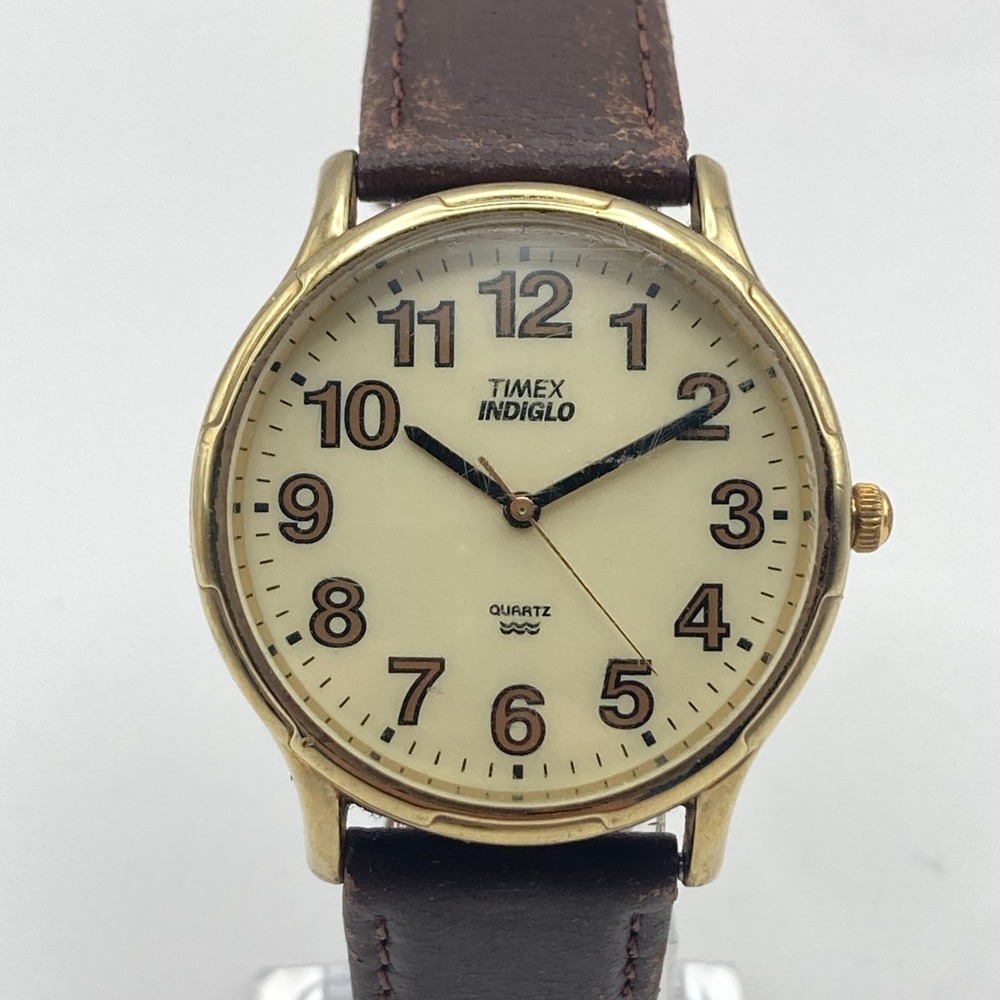 Vintage Timex Men's Watch 35mm Gold Tone Retro BROKEN INDIGLO New Battery 8.5"